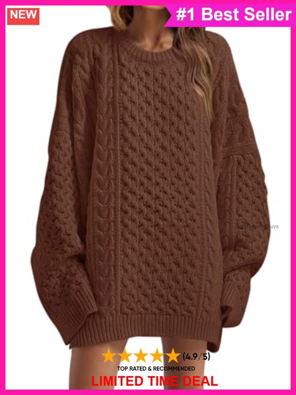 Women's Oversized Chunky Cable Knit Tunic Sweater Crewneck Acrylic